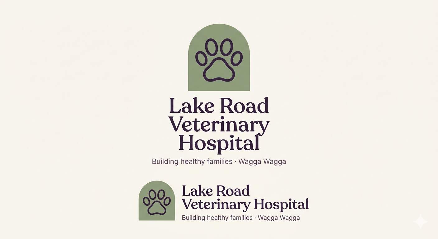 Lake Road Veterinary Hospital: paw-in-archway brand mark with wordmark and tagline